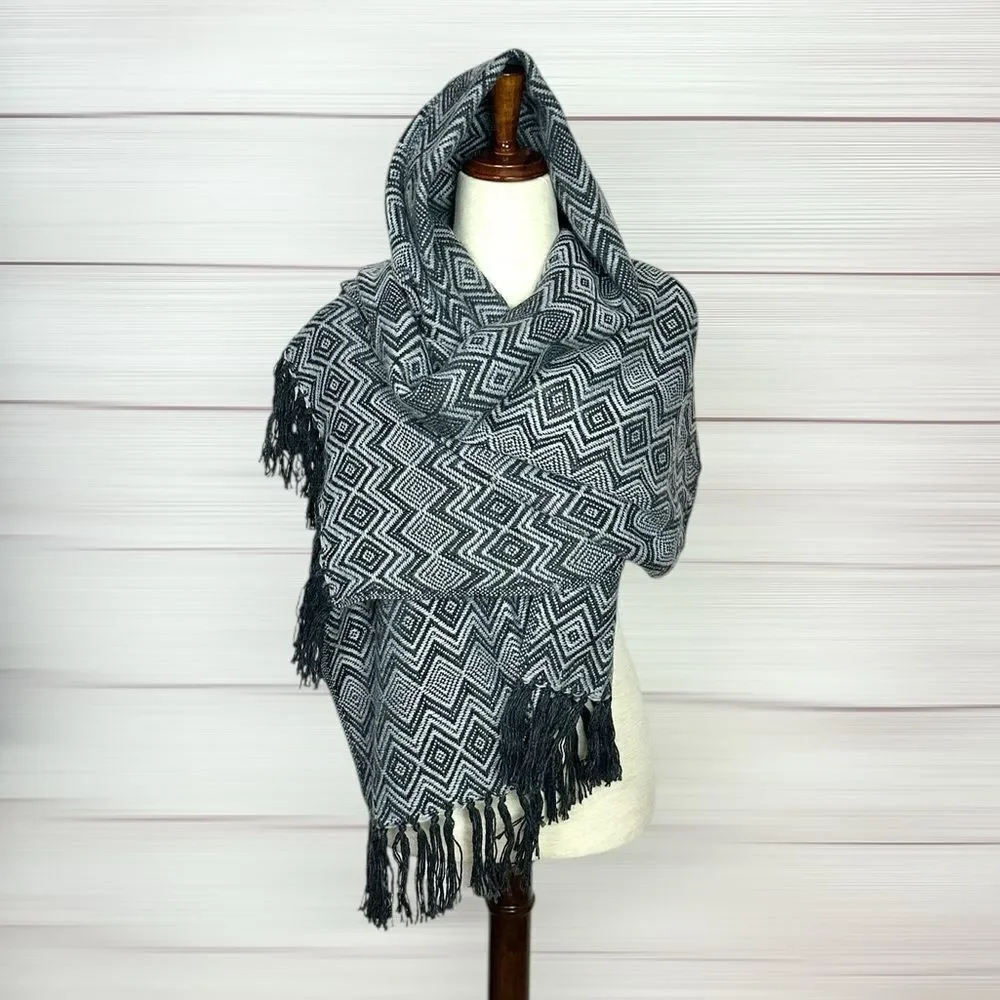 MyE Baby Alpaca Large Scarf Wrap Gray Charcoal Zigzags Fringes Men's Women's